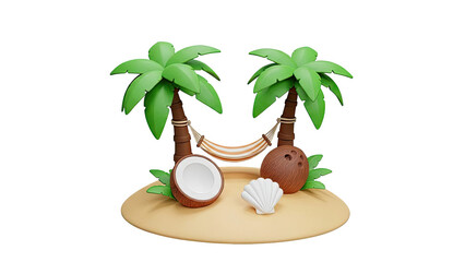 Obraz premium Tropical Island Scene with Palm Trees, Hammock, Coconuts, and Seashell