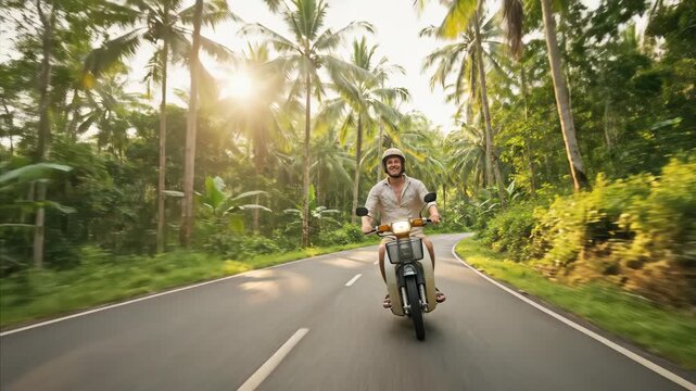Caucasian man riding scooter through palm tree forest. Happy male tourist driving moped on road in Bali. Travel journey and adventure.