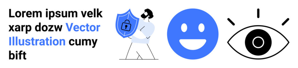 Fototapeta premium Cybersecurity, user privacy, online security, data protection, digital trust, surveillance awareness. Person holding shield with lock, happy face and eye icon. Cybersecurity and user privacy concept