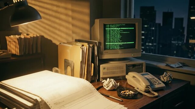 Retro office workspace with vintage computer screen glowing at night. 80s style desk cluttered with papers and phone overlooking city skyline. VHS aesthetic late night programming scene.