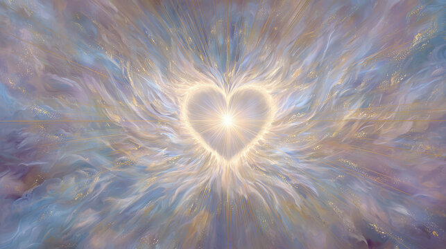 A radiant white heart sits at the center of a flowing abstract background with soft pastel tones and rays of energy. Love, harmony, and inner light. Abstract fractal background