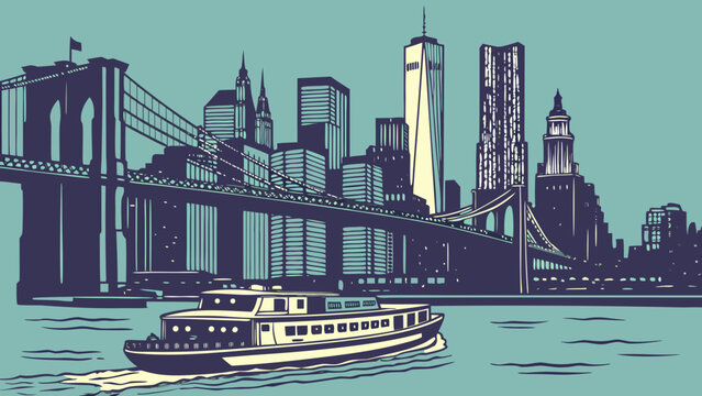 New york skyline with ferry and cityscape. Perfect for travel websites, tourism ads, brochures, and citythemed designs. Ideal for cityscape enthusiasts.