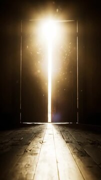 Light shining through a partially open door in a dimly lit room creates a striking contrast and draws attention to the floor