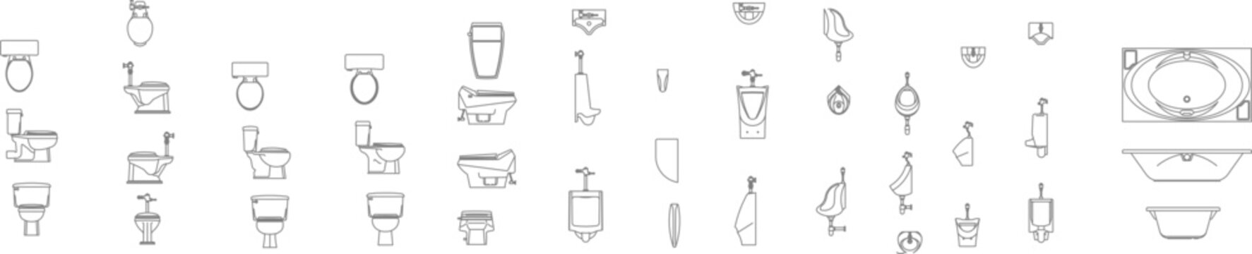 Vector set of bathroom fixtures in minimalist line art. Features toilets, urinals, and bathtubs in multiple perspectives for interior design.