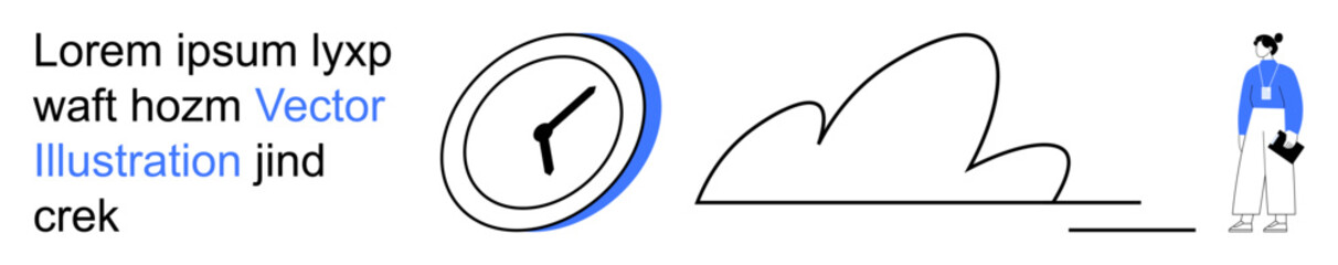 Time management, productivity, design elements, minimalism, abstract art, corporate materials. A clock symbol, cloud shape text and a person with a bag. Time management and productivity concepts