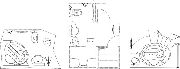 Technical vector set of bathroom floor plans. Minimalist line art layouts featuring bathtubs, toilets, and sinks for architectural design projects.