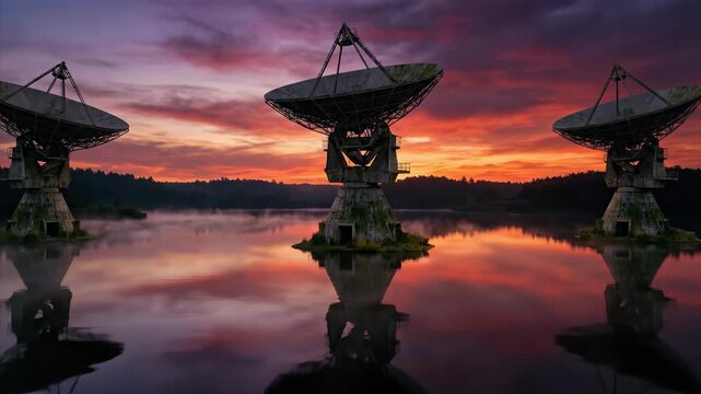 Abandoned satellite dishes reflected in misty lake at sunset. Futuristic communication array in sci-fi wilderness. Space signal outpost with dramatic sky and water mirror.