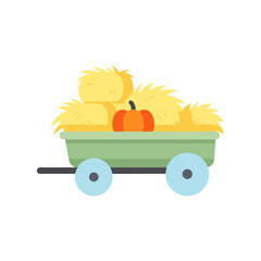 Hay wagon filled with straw and pumpkin in flat design style  