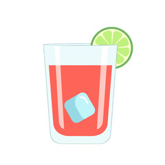 Glass of refreshing tomato juice with ice and lime slice  