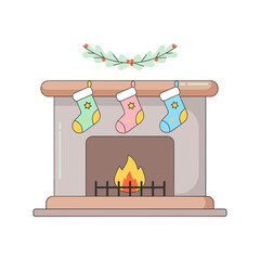 Festive fireplace with colorful Christmas stockings and garland  