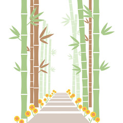 Bamboo forest path with colorful flowers and a clear pathway  