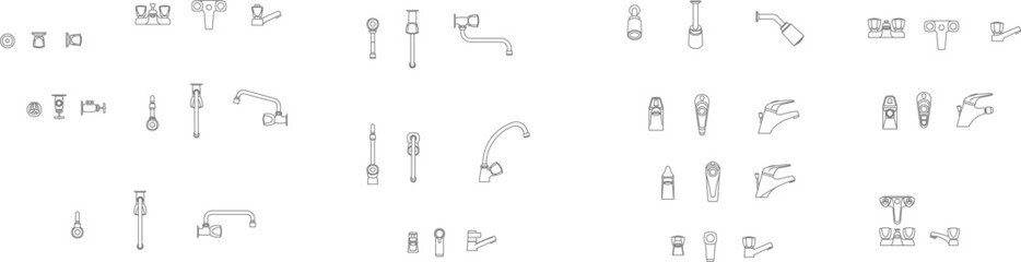 Large vector set of water faucet and tap icons in minimalist line art style. Features various bathroom and kitchen plumbing fixtures in multiple perspectives.