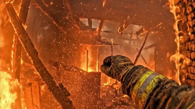 Firefighter extending gloved arm into blazing inferno. Sequence shows emergency responder targeting flames with protective gear. Intense fire suppression effort in hazardous environment.