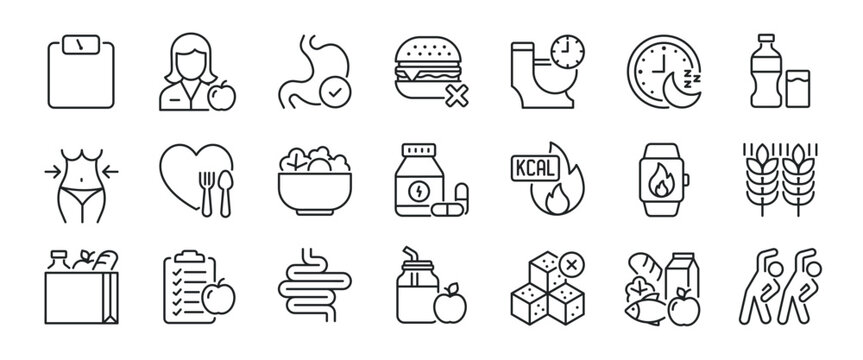 Nutrition thin line icons. Editable stroke. Icon for design infographic, website, banner, brochure, presentation, logo, app, ui, ux etc. Vector illustration