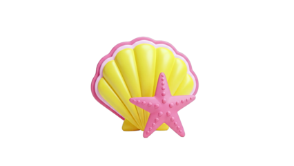 Pink Starfish and Yellow Seashell on White Background