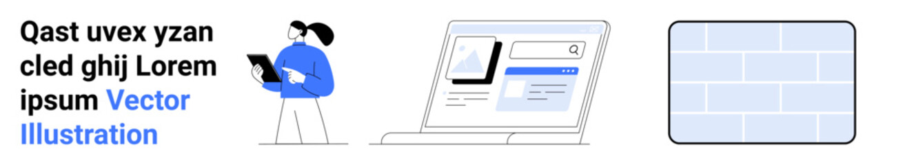 Data management, information research, web design, online forms, user interface, technology concepts. Illustration of a person holding a tablet, a digital form on a laptop and a grid. Data © robu_s