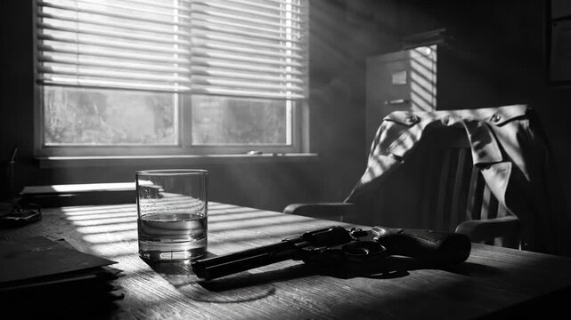 Revolver lying on desk beside glass of water near window with blinds. Black and white noir style office setup evoking mystery and solitude in a detectives workspace.