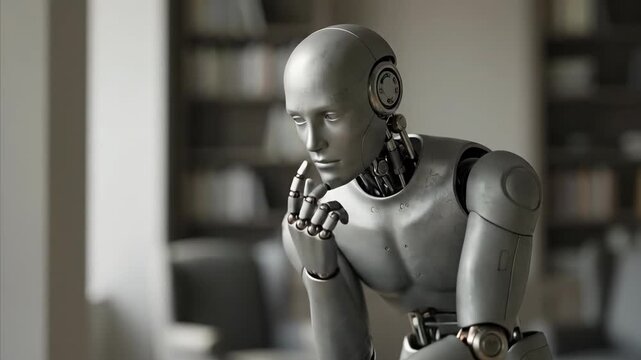 Humanoid robot sitting pensively in library. Silver android pondering with hand on chin amid bookshelves. Artificial intelligence reflection and thoughtful contemplation concept in cozy reading space.