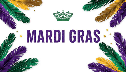 A colorful Mardi Gras graphic with purple text and green crown surrounded by feathers