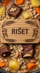 Traditional Ričet Barley Stew in Pot with Engraved Oak Wood Sign, Humble Macro Food Photography with Sustaining Lighting