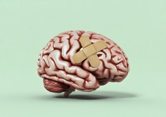 Brain with band aid on it for mental health and wellness concept