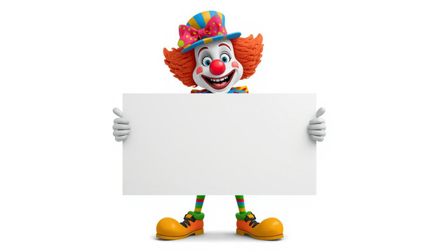 A cheerful cartoon clown holding a blank white sign in a playful pose
