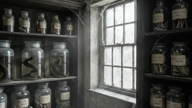 Old apothecary shop interior with wooden shelves lined with glass jars of herbs and potions. Victorian era pharmacy scene evoking historical alchemy and medicine concepts.