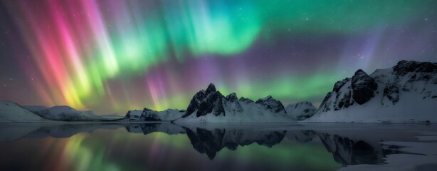 Vibrant aurora borealis display over serene snowy mountain lake