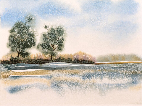 A landscape watercolor painting with trees, a lake and a blue sky in the horizon.