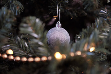 Silver Glitter Christmas Bauble Hanging on Pine Tree Branch