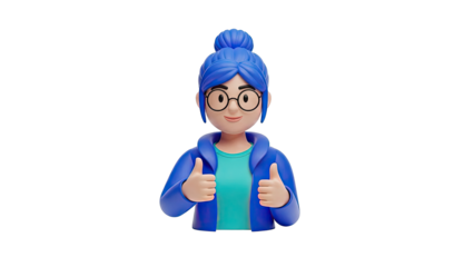 3D Cartoon Character with Blue Hair Giving Thumbs Up