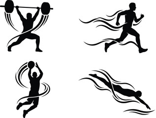 Dynamic Sports Athlete Silhouettes: Fitness Training Icons - Weightlifting, Running, Basketball, Swimming Vector Pack