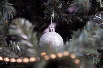 Silver Glitter Christmas Bauble Hanging on Pine Tree Branch