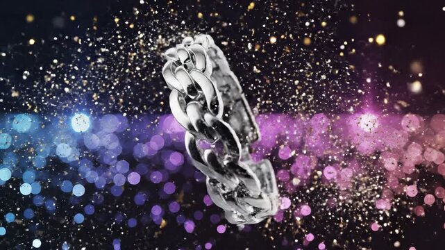 Sparkling Silver Chain Ring with Glittering Bokeh Background.