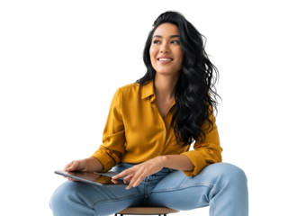 Happy Young Woman Holding Tablet Smiling Casual Lifestyle Portrait Isolated on White Background