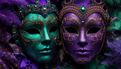 Two colorful Mardi Gras masks with intricate designs and feathers on a dark background