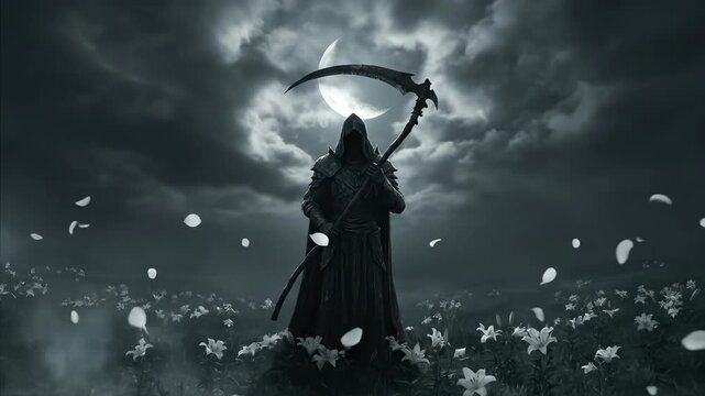 Hooded reaper with scythe stands in moonlit field of white flowers. Dark fantasy vision of death emerging amid misty night and floating petals.