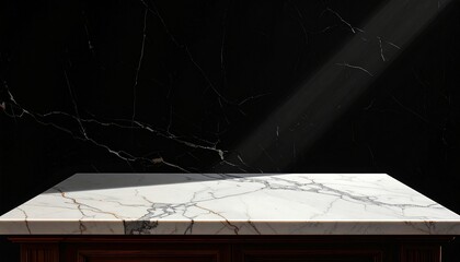 Marbled countertop surface photographed in low key lighting against black background, showcasing rich shadows, deep texture, subtle reflections, dramatic mood, elegant minimalism, premium interior mat