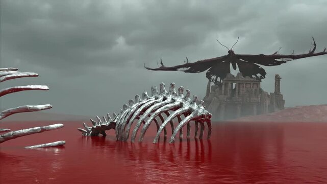 Monstrous butterfly emerging from skeletal remains in bloody waters near gothic ruins. Dark fantasy creature awakening in misty horror landscape