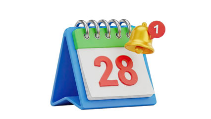 3D Calendar with Notification Bell and Date 28