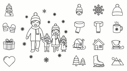 Winter family and holiday line art icon collection. Outline vector illustration of happy people, snow, gifts, and seasonal elements for cold weather.