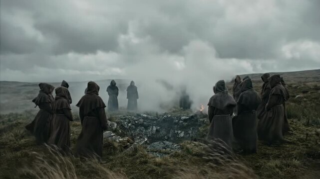 Hooded figures perform ritual around smoking fire on misty moor. Dark fantasy gathering of robed men in ancient wilderness atmosphere.