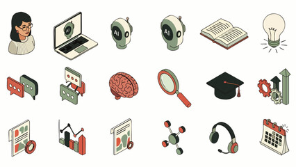 Isometric Icons Set for Online Education, Learning, and Technology - AI, Brain, Books, Graduation Cap, Laptop