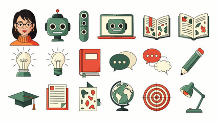 Set of flat design icons for education, technology, and learning, including robots, books, and computers.