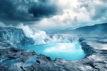 Naklejka premium Majestic volcanic landscape with turquoise lake and steam in cloudy weather
