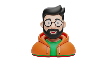 3D Cartoon Man with Glasses and Beard Wearing Hoodie