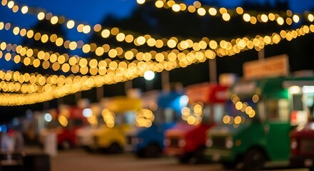 Blurred Food Trucks Under Festive String Lights at Night.