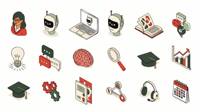Set of isometric icons representing artificial intelligence, education, technology, and business concepts with a modern, clean design.
