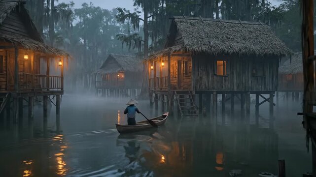 Woman rowing boat through misty stilt village at dusk. Traditional asian water settlement with fog and glowing lanterns. Serene navigation in tropical wetland architecture.