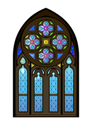 Beautiful stained glass gothic window with Celtic ornamentation. Fantasy drawing of window from Church of Our Lady of the Carmelites in Pont-Abbe. Medieval French architecture. Hand drawn vector.